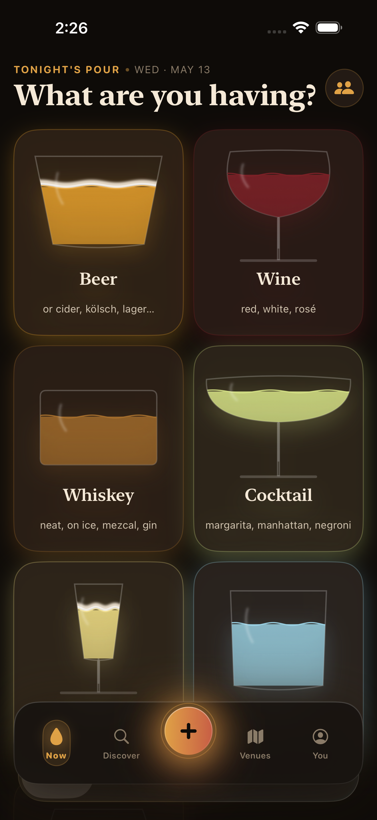 Roundmate home screen showing 6 tappable glasses